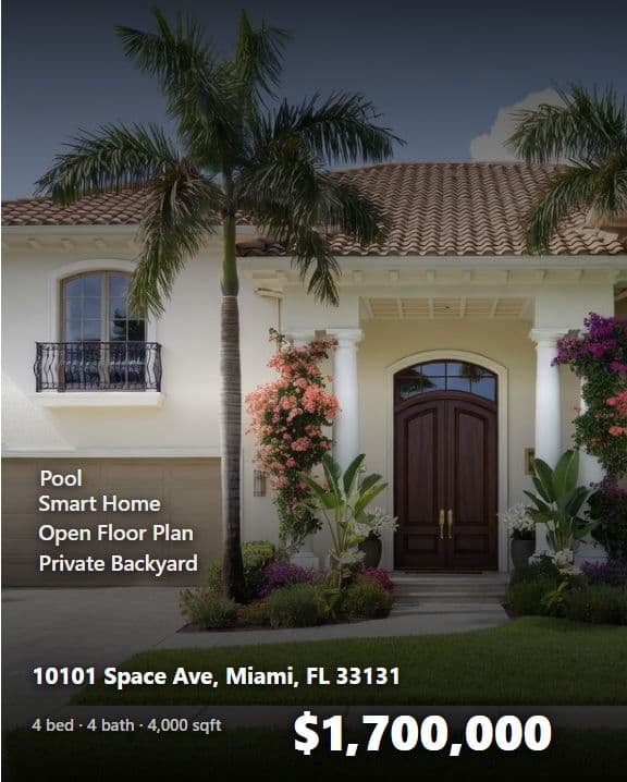 Instagram post composed in RealtorForge — Mediterranean-style Miami listing with price, address, and key-feature text overlays