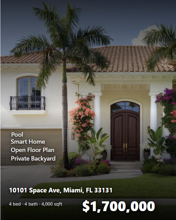 Instagram post composed in RealtorForge — Mediterranean-style Miami listing with price, address, and key-feature text overlays